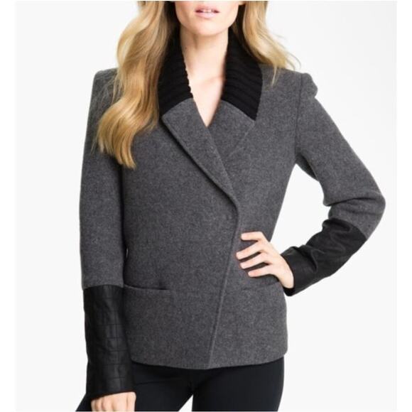 Theory Ponette Grey Wool Leather Jacket Outdoor Womens Size Medium - Picture 1 of 14